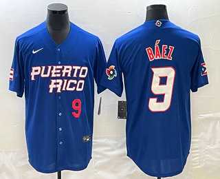 Mens Puerto Rico Baseball #9 Javier Baez Number 2023 Blue World Baseball Classic Stitched Jersey->2023 world baseball classic->MLB Jersey